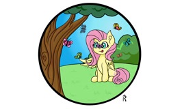 Size: 1280x820 | Tagged: safe, artist:dawn-designs-art, character:fluttershy, species:pegasus, species:pony, butterfly, circle, cute, female, sitting, solo