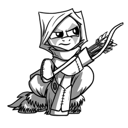 Size: 1024x1024 | Tagged: safe, artist:petirep, oc, oc only, species:pony, arrow, black and white, bow (weapon), bow and arrow, buck legacy, card art, clothing, determined, fantasy class, grayscale, hood, leather armor, male, monochrome, ranger, simple background, solo, tattoo, transparent background, weapon