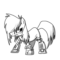 Size: 1024x1024 | Tagged: safe, artist:petirep, oc, oc only, species:earth pony, species:pony, amputee, automail, black and white, buck legacy, card art, determined, fantasy class, grayscale, hair over one eye, looking at you, monochrome, prosthetic limb, prosthetics, solo