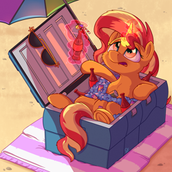 Size: 3840x3840 | Tagged: safe, artist:pirill, character:sunset shimmer, species:pony, species:unicorn, newbie artist training grounds, atg 2018, beach, candy, cooler, female, food, glowing horn, horn, ice, levitation, magic, open mouth, sand, soda, solo, sunglasses, telekinesis, towel, umbrella