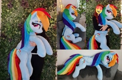 Size: 4172x2736 | Tagged: safe, artist:epicrainbowcrafts, character:rainbow dash, species:human, species:pegasus, species:pony, bedroom eyes, female, holding a pony, irl, irl human, lidded eyes, life size, looking at you, looking back, looking back at you, lying down, mare, photo, plushie, sitting, smiling