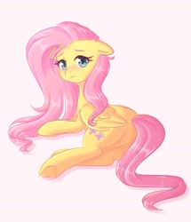Size: 1445x1679 | Tagged: safe, artist:fluffymaiden, character:fluttershy, species:pegasus, species:pony, blushing, butt, cute, ear fluff, female, floppy ears, flutterbutt, heart, hoof heart, looking at you, looking back, looking back at you, lying down, mare, plot, shyabetes, solo
