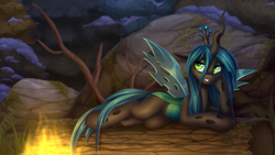 Size: 4600x2594 | Tagged: safe, artist:setharu, character:queen chrysalis, species:changeling, species:pony, episode:frenemies, g4, my little pony: friendship is magic, campfire, changeling queen, cute, cutealis, draw me like one of your french girls, female, fire, forest, looking sideways, mare, snow, solo, squishy cheeks, wallpaper