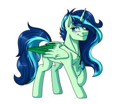 Size: 3500x3000 | Tagged: safe, alternate version, artist:jack-pie, oc, oc only, species:alicorn, species:pony, alicorn oc, art trade, background removed, colored wings, high res, multicolored wings, pendant, raised hoof, smiling, solo, wings