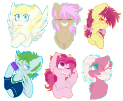 Size: 1011x830 | Tagged: safe, artist:vanillaswirl6, character:bifröst, character:fuchsia frost, character:lucky charm, character:morning dew, character:strawberry scoop, character:summer breeze, species:earth pony, species:pegasus, species:pony, g4, background pony, blushing, bow, braid, bust, chest fluff, clothing, eyes closed, female, friendship student, hair bow, hair tie, jersey, one eye closed, open mouth, simple background, smiling, transparent background, water bottle, wink