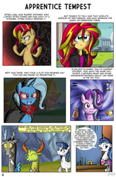 Size: 3118x4762 | Tagged: safe, artist:zsparkonequus, character:discord, character:shining armor, character:starlight glimmer, character:sunset shimmer, character:thorax, character:trixie, species:changeling, species:draconequus, species:pony, species:reformed changeling, species:unicorn, comic:apprentice tempest, my little pony:equestria girls, alicorn amulet, cloak, clothing, comic, dialogue, flashback, office, reformed four, speech bubble