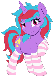 Size: 3499x4929 | Tagged: safe, artist:partylikeanartist, oc, oc only, oc:cosmic spark, species:pony, species:unicorn, absurd resolution, blushing, clothing, cute, looking at you, shy, simple background, socks, solo, striped socks, transparent background