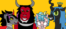 Size: 1142x502 | Tagged: safe, artist:logan jones, character:cozy glow, character:king sombra, character:lord tirek, character:queen chrysalis, species:centaur, species:changeling, species:pegasus, species:pony, species:unicorn, 60s spider-man, armor, changeling queen, colored horn, cozy glow is best facemaker, crown, curved horn, derp, evil grin, faec, female, gold background, grin, horn, jewelry, male, me and the boys, meme, nose piercing, nose ring, piercing, ponified meme, regalia, shrunken pupils, smiling, sombra eyes, sombra horn, teeth