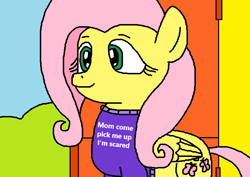 Size: 697x493 | Tagged: safe, alternate version, artist:logan jones, character:fluttershy, species:pegasus, species:pony, clothing, cute, dawwww, door, female, fluttershy's cottage, implied posey shy, meme, mom come pick me up i'm scared, my pretty seahorse, patrick star, ponified meme, reaction image, scared, shyabetes, spongebob squarepants, sweater, sweatershy