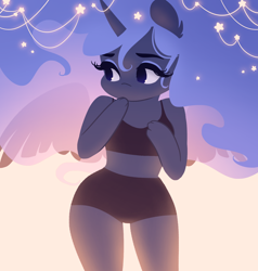 Size: 1654x1739 | Tagged: safe, artist:katputze, character:princess luna, species:anthro, backlighting, clothing, compression shorts, cute, ethereal mane, female, galaxy mane, hips, lunabetes, midriff, solo, sports bra, sports panties, spread wings, wings
