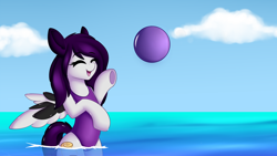 Size: 1280x720 | Tagged: safe, artist:xcinnamon-twistx, oc, oc only, oc:cinnamon twist, species:pegasus, species:pony, ball, beach ball, clothing, cute, eyes closed, happy, one-piece swimsuit, open mouth, solo, summer, swimsuit, underhoof, water