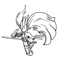Size: 1024x1024 | Tagged: safe, artist:petirep, oc, oc only, species:pegasus, species:pony, armor, black and white, bracer, buck legacy, card art, cloak, clothing, determined, grayscale, looking at you, male, monochrome, simple background, solo, sword, transparent background, weapon