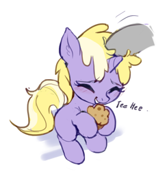 Size: 808x829 | Tagged: safe, artist:luciferamon, character:dinky hooves, species:pony, species:unicorn, blushing, cute, dinkabetes, eyes closed, female, filly, food, hoof hold, implied derpy, muffin, solo