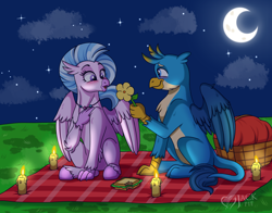 Size: 3700x2900 | Tagged: safe, artist:jack-pie, character:gallus, character:silverstream, species:classical hippogriff, species:griffon, species:hippogriff, ship:gallstream, blushing, candle, crescent moon, cute, date, diastreamies, female, fire, flower, food, gallabetes, male, moon, night, open mouth, picnic blanket, sandwich, shipping, sitting, stars, straight