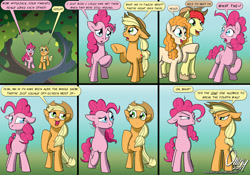 Size: 1500x1051 | Tagged: safe, artist:omny87, character:applejack, character:bright mac, character:pear butter, character:pinkie pie, apple, apple tree, applejack's parents, breaking the fourth wall, comic, food, glare, intertwined trees, pear, pear tree, tree