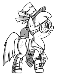 Size: 756x954 | Tagged: safe, artist:petirep, oc, oc only, oc:master engineer chet, species:earth pony, species:pony, black and white, buck legacy, card art, clothing, coat, female, goggles, grayscale, hat, mare, monochrome, ponytail, solo, steampunk, top hat