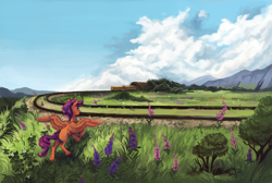 Size: 2500x1682 | Tagged: safe, artist:weird--fish, character:scootaloo, species:pegasus, species:pony, cloud, female, grass, grass field, railroad, scenery, scootalove, sky, smiling, train, tunnel