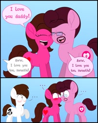 Size: 1300x1625 | Tagged: safe, artist:aarondrawsarts, oc, oc:brain teaser, oc:rose bloom, species:pony, awkward, blushing, brainbloom, daddy kink, father and daughter, father's day, female, male