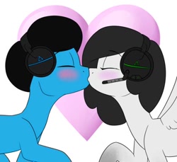 Size: 640x585 | Tagged: safe, artist:victoreach, oc, oc only, oc:creamcake, oc:tempo cider, species:pegasus, species:pony, species:unicorn, blushing, creamy cider, heart, kissing, ps4 headset, shipping, xbox one headset