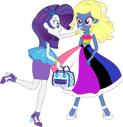 Size: 6629x6870 | Tagged: safe, artist:digimonlover101, character:rarity, oc, oc:azure/sapphire, g4, my little pony: equestria girls, my little pony:equestria girls, absurd resolution, clothing, commission, crossdressing, dress, femboy, genderfluid pride flag, high heels, makeover, makeup, male, open mouth, pansexual pride flag, pride, pride month, purse, raised leg, shoes, simple background, smiling, transparent background