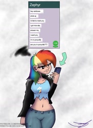 Size: 1024x1409 | Tagged: safe, artist:ringteam, character:rainbow dash, species:human, abs, angry, belly button, cellphone, clothing, humanized, implied zephyr breeze, pants, phone, rainbow dash is not amused, shirt, unamused, whatsapp