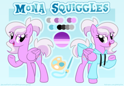 Size: 5739x4000 | Tagged: safe, artist:partylikeanartist, base used, oc, oc:mona squiggles, species:pegasus, species:pony, bow, clothing, female, hoodie, paintbrush, palette, ponytail, reference sheet, solo, underhoof