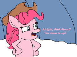 Size: 1032x772 | Tagged: safe, artist:logan jones, character:pinkie pie, species:pony, applejack's hat, bipedal, clothing, cowboy, cowboy hat, cowgirl, hat, hooves on hips, implied fluttershy, pretend, sandy's treedome, snow, spongebob squarepants, squint, survival of the idiots, western