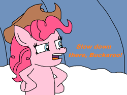 Size: 1032x772 | Tagged: safe, alternate version, artist:logan jones, character:pinkie pie, species:pony, applejack's hat, bipedal, buckaroo, clothing, cowboy, cowboy hat, cowgirl, hat, hooves on hips, ponified meme, reaction image, sandy's treedome, slow down, snow, spongebob squarepants, survival of the idiots, western