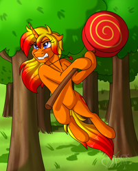Size: 2900x3600 | Tagged: safe, artist:jack-pie, oc, oc:sugar rush, species:pony, species:unicorn, candy, commission, female, food, forest, grass, high res, lollipop, scenery, solo