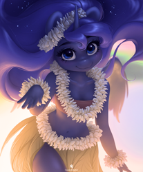 Size: 2155x2608 | Tagged: safe, artist:katputze, character:princess luna, species:alicorn, species:anthro, species:pony, adorasexy, bandeau, bare shoulders, belly button, clothing, cute, female, grass skirt, hawaii, hawaiian, hula, hula dance, lei, looking at you, lunabetes, mare, midriff, sexy, skirt, smiling, solo, sweet dreams fuel