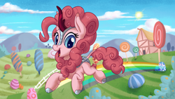 Size: 3840x2160 | Tagged: safe, artist:pirill, character:derpy hooves, character:pinkie pie, species:kirin, newbie artist training grounds, atg 2018, candy, cloven hooves, female, food, jumping, kirin-ified, lollipop, mare, open mouth, rainbow, rainbow trail, solo, species swap, when you see it