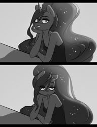 Size: 2126x2776 | Tagged: safe, artist:katputze, character:princess luna, species:alicorn, species:anthro, species:pony, ethereal mane, eye clipping through hair, female, galaxy mane, grayscale, hand on chin, lidded eyes, monochrome, sitting, solo, table, two panels, wingless, wingless anthro