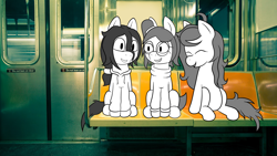 Size: 1920x1080 | Tagged: safe, artist:scraggleman, character:wallflower blush, oc, oc:floor bored, oc:taku, species:earth pony, species:pony, clothing, female, food, hoodie, laughing, mare, sitting, story included, story:lost and found, subway, sweater