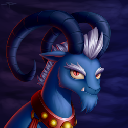 Size: 3000x3000 | Tagged: safe, artist:setharu, character:grogar, species:ram, spoiler:s09, bust, commission, curved horn, high res, horn, male, portrait, signature, solo