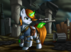 Size: 3000x2222 | Tagged: safe, artist:shido-tara, oc, oc only, oc:littlepip, species:pony, species:unicorn, fallout equestria, clothing, cloud, cloudy, commission, ear fluff, fanfic, fanfic art, female, glowing horn, gritted teeth, gun, handgun, high res, hooves, horn, levitation, little macintosh, magic, mare, optical sight, pipbuck, raised hoof, revolver, ruins, saddle bag, solo, telekinesis, vault suit, wasteland, weapon
