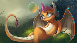 Size: 4000x2250 | Tagged: safe, artist:auroriia, character:smolder, species:dragon, blue eyes, bubble, cute, cute little fangs, dragoness, fangs, female, grass, looking at something, looking up, nature, outdoors, scenery, sitting, smolderbetes, solo, tail, wings