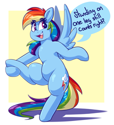 Size: 1929x2112 | Tagged: safe, artist:graphene, character:rainbow dash, species:pegasus, species:pony, newbie artist training grounds, atg 2019, cute, dialogue, female, mare, raised leg, solo, spread wings, standing, standing on one leg, talking, wings