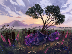 Size: 1600x1200 | Tagged: safe, artist:weird--fish, character:princess luna, species:alicorn, species:pony, female, fence, missing accessory, mountain, scenery, sleeping, solo, tree, unshorn fetlocks