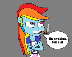 Size: 907x720 | Tagged: safe, artist:logan jones, character:rainbow dash, my little pony:equestria girls, bender bending rodriguez, cigar, clenched teeth, crossed arms, dialogue, futurama, gray background, irritated, quote, simple background, smoking, speech bubble, vulgar