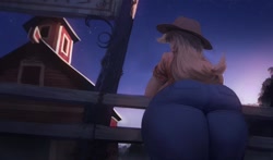 Size: 1200x706 | Tagged: safe, artist:maarthul, character:applejack, species:human, applebucking thighs, applebutt, applejack's hat, ass, butt, clothing, cowboy hat, female, hat, humanized, large butt, rear view, solo, sweet apple acres, the ass was fat