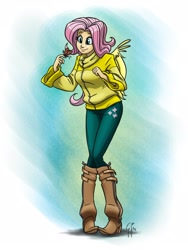Size: 1200x1600 | Tagged: safe, artist:glancojusticar, character:fluttershy, species:human, butterfly, clothing, cutie mark on clothes, female, humanized, solo, sweater, sweatershy, winged humanization