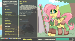 Size: 4800x2638 | Tagged: safe, artist:graphene, character:fluttershy, species:crab, species:pegasus, species:pony, newbie artist training grounds, armor, atg 2019, cute, female, healer, mudcrab, shyabetes, solo, staff, the elder scrolls, video game