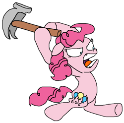 Size: 812x805 | Tagged: safe, artist:logan jones, character:pinkie pie, species:earth pony, species:pony, angry, hammer, leaping, open mouth, screaming, shrunken pupils, simple background, spongebob squarepants, transparent background