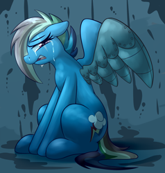 Size: 4057x4260 | Tagged: safe, artist:graphene, character:rainbow dash, species:pegasus, species:pony, newbie artist training grounds, alternate timeline, amputee, apocalypse dash, atg 2019, augmented, crying, crystal war timeline, eye scar, female, mare, prosthetic limb, prosthetic wing, prosthetics, scar, solo