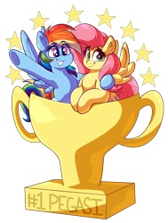 Size: 3393x4481 | Tagged: safe, artist:graphene, character:fluttershy, character:rainbow dash, species:pegasus, species:pony, newbie artist training grounds, atg 2019, cute, dashabetes, duo, female, mare, shyabetes, smiling, spread wings, stars, trophy, wings