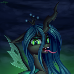 Size: 3000x3000 | Tagged: safe, artist:setharu, character:queen chrysalis, species:changeling, species:pony, bust, changeling queen, female, portrait, solo, tongue out