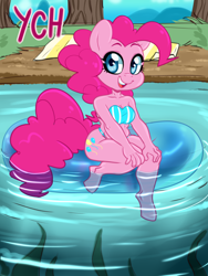 Size: 3000x4000 | Tagged: safe, artist:annakitsun3, character:pinkie pie, species:anthro, species:unguligrade anthro, bare shoulders, beach towel, bikini, clothing, commission, cute, diapinkes, female, inflatable, inner tube, lake, looking at you, open mouth, solo, swimsuit, water, ych example, your character here