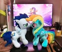 Size: 1304x1079 | Tagged: safe, artist:meownstersss, artist:onlyfactory, character:rainbow dash, character:soarin', species:pegasus, species:pony, ship:soarindash, art supplies, boop, bootleg, computer, female, irl, male, noseboop, photo, plushie, rainbow factory dash, shipping, straight, tablet