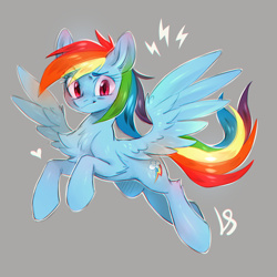 Size: 1000x1000 | Tagged: safe, artist:lightning-stars, character:rainbow dash, species:pegasus, species:pony, backwards cutie mark, chest fluff, cute, dashabetes, eye clipping through hair, eyebrows, eyebrows visible through hair, female, flying, gray background, heart, lightning, looking at you, mare, simple background, smiling, solo, spread wings, wings