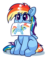 Size: 1965x2501 | Tagged: safe, artist:graphene, character:rainbow dash, species:pegasus, species:pony, newbie artist training grounds, :t, atg 2019, blank flank, clothing, cute, dashabetes, dawwww, drawing, eye clipping through hair, featured on derpibooru, female, filly, filly rainbow dash, hnnng, mouth hold, simple background, sitting, smiling, solo, uniform, weapons-grade cute, white background, wonderbolts uniform, younger